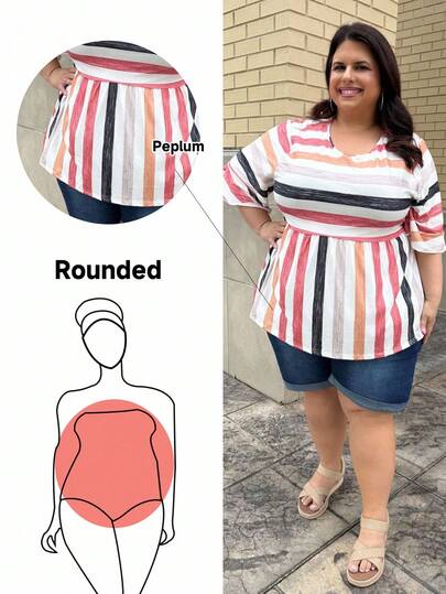 Enliva 大码波西米亚风女式夏季条纹印花圆领短袖 T 恤，荷叶边下摆，休闲图案 T 恤女式上衣