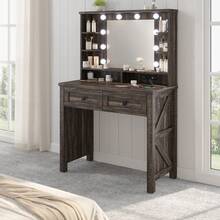 EnHomee Vanity Desk With Mirror And Lights,31 Inch Make Up Vanity With Charging Station,Dressing Table Makeup Desk With 2 Drawers,3 Color Modes Adjustable Brightness - 深橡木色 - 查看 8