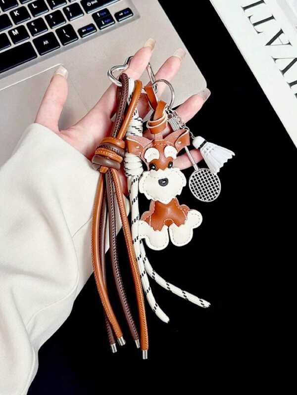 Leather Schnauzer Dog Accessory Bag Charms Paired With A Badminton Braided Rope Keychain, Unisex, With A Detachable Design. It Is Suitable As A Decoration For Backpacks, Crossbody Bags, And Ladies' Handbags Bag Charms