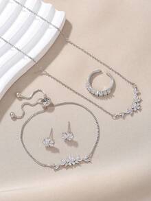 5 件/套优雅女士珠宝套装，银色方晶锆石花项链，可调节手链，耳环，戒指，不褪色礼品珠宝，订婚 - 復古銀色 - 查看 2