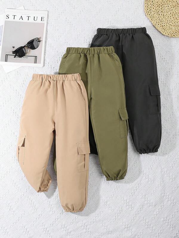 3 قطعة/مجموعة بنطلونات كاروو كاجوال للأولاد - خصر مطاطي، تصميم متعدد الجيوب، لون أحادي، خليط بولي استر، قابل للغسيل في الغسالة، مناسب لجميع المواسم