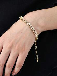 1pc Luxury Heart-Shaped Zirconia Bridal Bracelet, Adjustable Elegant Minimalist High-End Sparkly Gift For Women - Gold - View 4