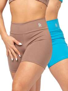 Kit 2 Women's Fitness Shorts High Waist Zero Transparency Blackout Gym Basic Bermuda Shorts Women's Crossfit Yoga - 棕色+綠松石藍 - 查看 1