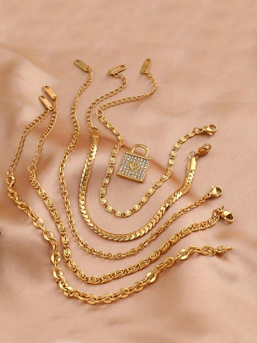 5/6件套复古18K镀金不锈钢手镯，配水晶吊坠，时尚几何设计，适合女性日常及派对场合佩戴，可个性化DIY，情人节礼物，四季皆宜 - 金色 - 查看 1