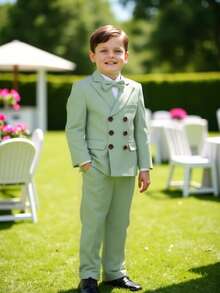 三件套男童西装套装，新款花童婚礼正式服装，适合幼儿、小童、大童、青少年穿着的演出服，包含西装外套、裤子和领结。 - 綠色 - 查看 5