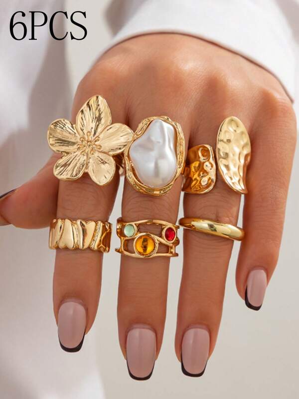 6-Piece/Set Punk Ring Set, Women's Retro Geometric Ring Set, Gold Flower Crystal Faux Pearl Ring, Can Be Worn Separately Or Stacked, Fashionable And Personalized Jewelry Gift, Suitable For Matching Daily Clothing And Party Accessories