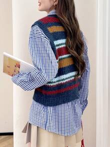 Alicedudu Women's Colorful Striped Design Crew Neck Pullover Vest, Autumn/Winter