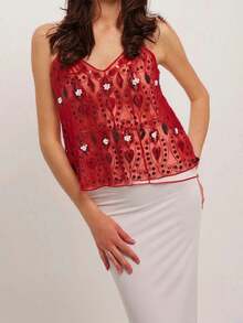 Women's Sequin Slim Camisole Spaghetti Strap V-Neck Slim Fit Cropped Tank Tops Streetwear - 紅色 - 查看 5