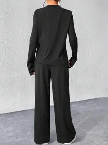 2pcs Women Long Sleeve Round Neck T-Shirt Top & Loose Comfortable Casual Pants Set - Black - View 4