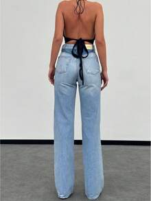 SQUALO 女士高腰阔腿牛仔裤，适合身材高挑的出门人士 - 藍色 - 查看 1