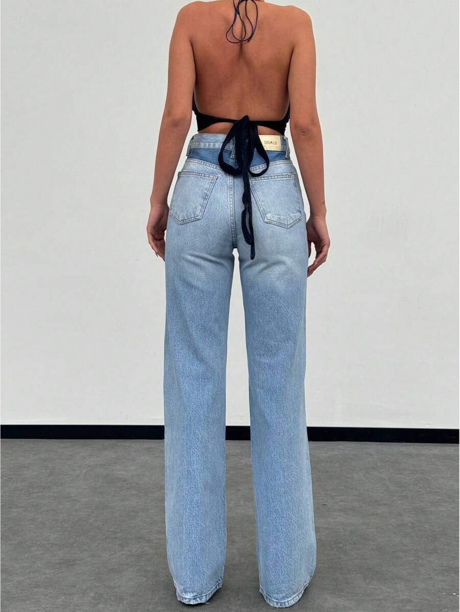 SQUALO 女士高腰阔腿牛仔裤，适合身材高挑的出门人士 - 藍色 - 查看 1