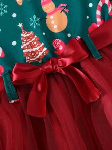 Baby Girls Christmas Ruffle Snowman Snowflake Socks Print Mesh Patchwork Dress With Belt - Burgundy - View 6