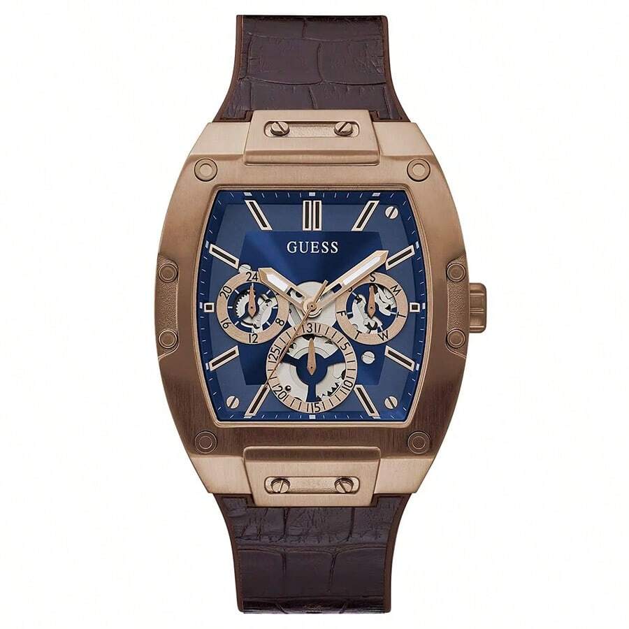 Guess 男士 Tonneau 多功能石英表 GW0202G2 蓝色镂空表盘和弹性表带休闲手表适合日常商务聚会佩戴，是送给父亲男友的生日礼物 - 咖啡棕 - 查看 1