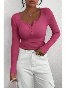 Women's 2025 Fall Long Sleeve Henley Shirts Button Ribbed Knit Casual Basic Tops Blouse - 玫紅色 - 查看 7