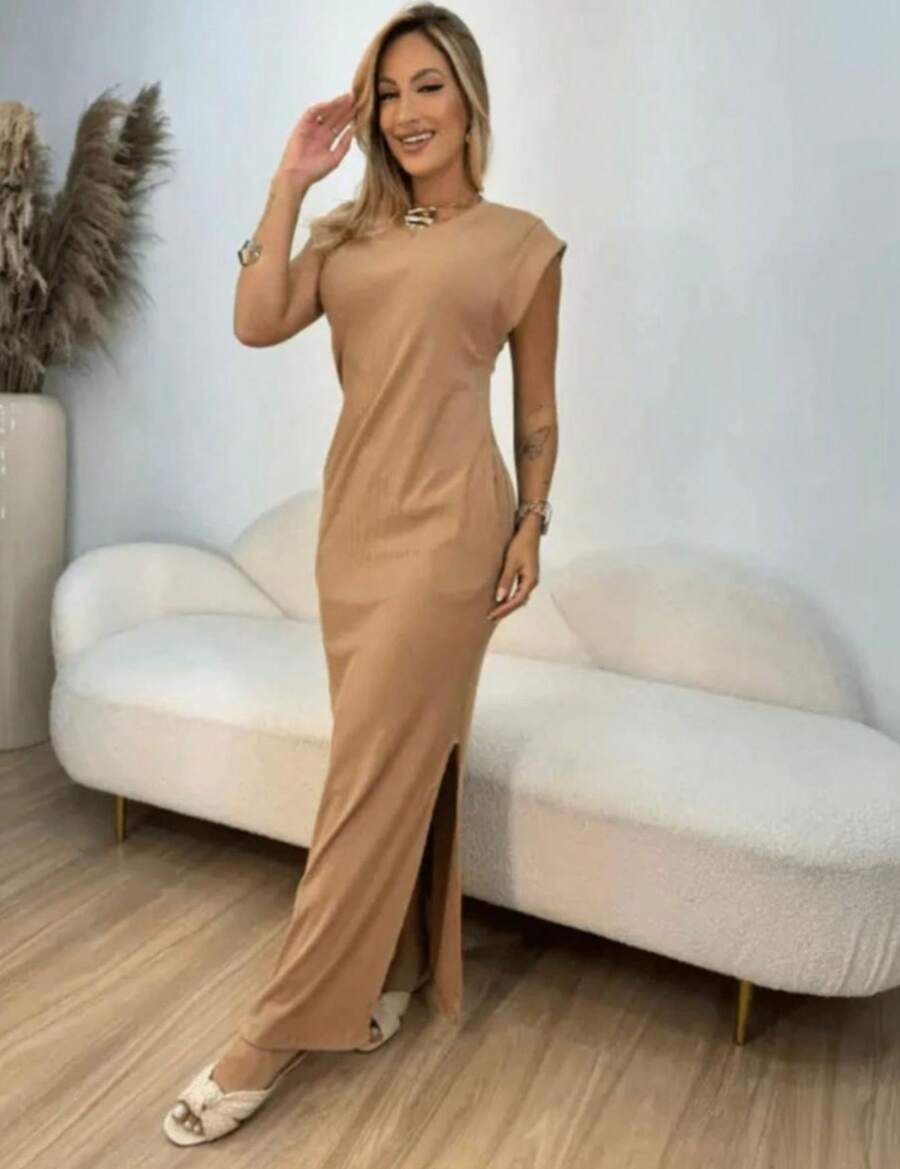 Women's Midi Dress With Slit, Sweatshirt With Pockets, Elegant, Short Sleeve, Fashion - 裸體 - 查看 1