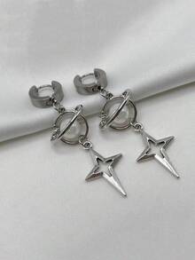 1Pair Gothic Punk Style Drop Earrings Four-Pointed Star Cross Simple Fashion Ear Stud Women Couple Rock Ear Piercing Jewelry - 耳環 - 查看 5