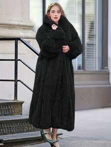 Chic Women's Black Faux Fur Coat Loose Fit Long Length Regular Long Sleeve Fuzzy Detail Waterfall Neckline