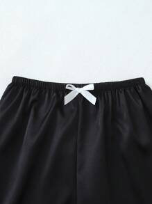 2 件套缎面纯色睡衣套装，短袖翻领上衣和蝴蝶结长裤，女士睡衣家居服 - 黑色 - 查看 6