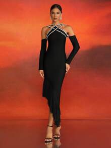 Elisanya LOVE Aing Elegant Luxury Mesh Patchwork Criss-Cross Rhinestone Handmade Asymmetrical Sexy Long Sleeve Dress, European & American Fashion - Black - View 2