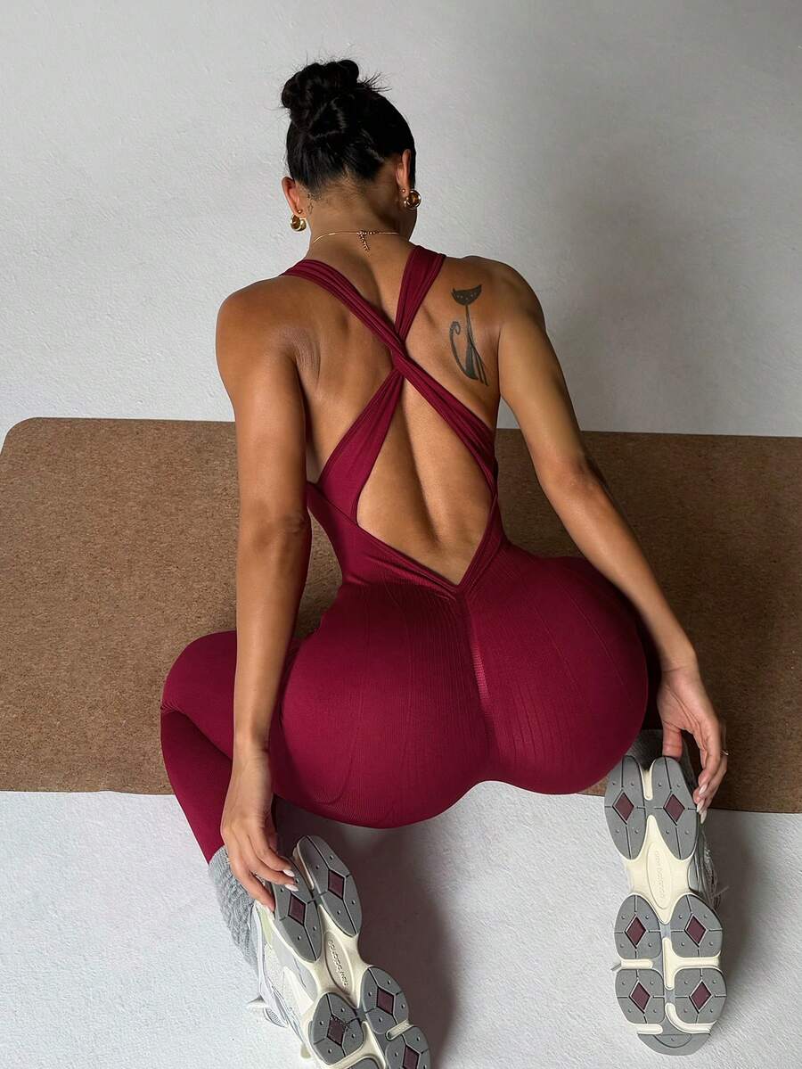 Slayoga 女士纯色交叉剪裁修身塑身衣 - 中紫紅色 - 查看 1