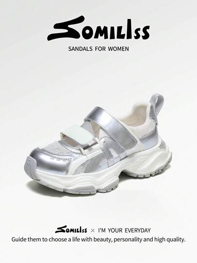 somiliss 1双女士休闲运动凉鞋，时尚平底沙滩凉鞋，轻便舒适户外步行鞋，5厘米厚底，银色，夏季新款