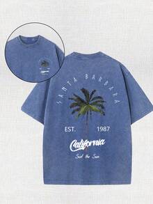 Men's Retro California Style Cotton T-Shirt-"Est.1989" Coconut Tree Design, Short Sleeves, Round Neck, Casual Summer Clothes, Machine Washable, Summer Casual Clothes |TiedyeT T-Shirt Back Design, Retro T-Shirt. - 藏蓝色 - 查看 1