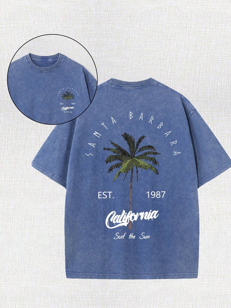 Men's Retro California Style Cotton T-Shirt-"Est.1989" Coconut Tree Design, Short Sleeves, Round Neck, Casual Summer Clothes, Machine Washable, Summer Casual Clothes |TiedyeT T-Shirt Back Design, Retro T-Shirt. - 藏蓝色 - 查看 1