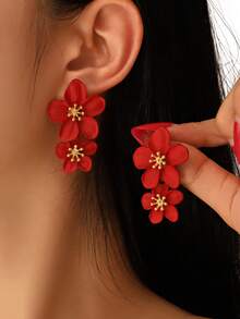 1 Pair Metal Asymmetrical Colorful Multi-Layer Flower Stud Earrings, Date Gift Valentine's Day Accessories - Orange - View 8