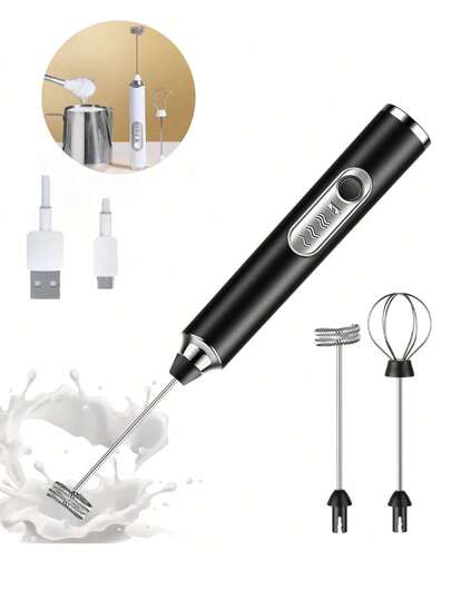 1pc Handheld Electric Milk Frother, Black/White Dual Color, Electric Milk Foamer For Coffee, With 2 Replaceable Stainless Steel Whisk Heads, 3 Speed Settings, USB Rechargeable, Suitable For Coffee, Milk, Eggs, Hot Chocolate