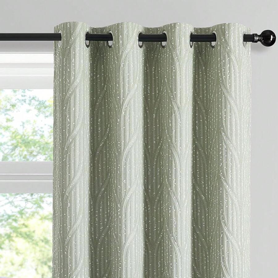 Beige And Black% Blackout Geometric Pattern Curtains, 52 Inch Wide 96 Inches Long 2 Panels, Thermal Insulated Noise Reducing Anti-Rust Grommet Drapes Bedroom Living Room,, Modern Style, Energy-Efficient - Green and White - 查看 1