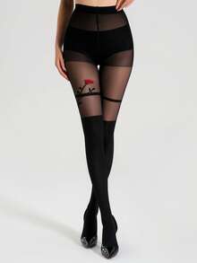 1pc Women's Red Rose Patterned Opaque Tights, Fashionable Jacquard Skinny Tights, Sexy Semi-Sheer Pantyhose, Cozy - Black - View 4