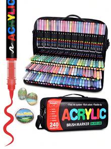 240 Colours Straight Liquid Acrylic Marker Bag Model, Bag Can Be Crossbody Or Handheld, Soft Brush Tip Markers For Rock, Wood, Fabric, Canvas, Glass, DIY Crafts, Vibrant Acrylic Paint Pens For Artists And Art Projects,For School Supplies,Back To School - Multicolor - View 9