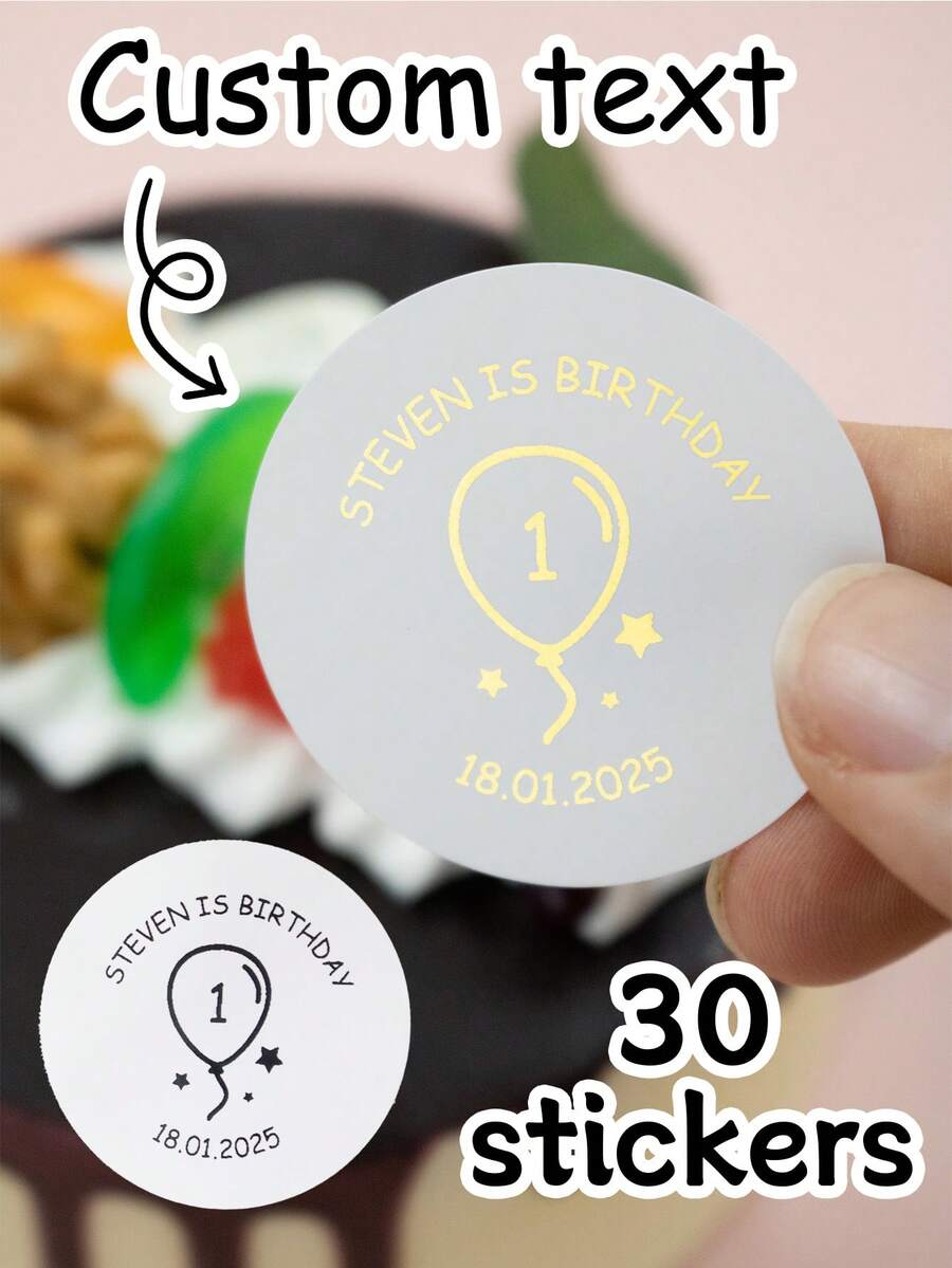 30-240Pcs Custom Happy Birthday Stickers With Balloon Pattern,Personalized Name Label Stickers,Customized Text Round Stickers,Customizable Thank You Stickers,Wedding Stickers,Gold,Black,Birthday,Bride And Groom,Gift Boxes,Lnvitation,Valentine'S Day - Style a - View 1