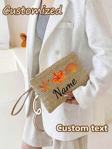 个性化女士手拿包（可定制姓名）、个性化草编钱包、草编钱包、女士拉链手提包 - 优雅条纹卡其色手机包，是生日、周年纪念日、母亲节和感恩礼物的完美之选，适合大学生、初中生、高中生、返校季、旅行、户外活动，也适合青少年女孩、学生、白领、教师、上班族、商务人士、通勤族、户外爱好者、海滩度假者、旅行族、郊游族、假日出行等各种场合。