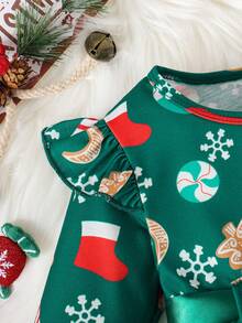 Vestido de bebé niña con volantes, estampado de muñeco de nieve y copos de nieve, patchwork de malla y cinturón para Navidad - Verde - Ver 4