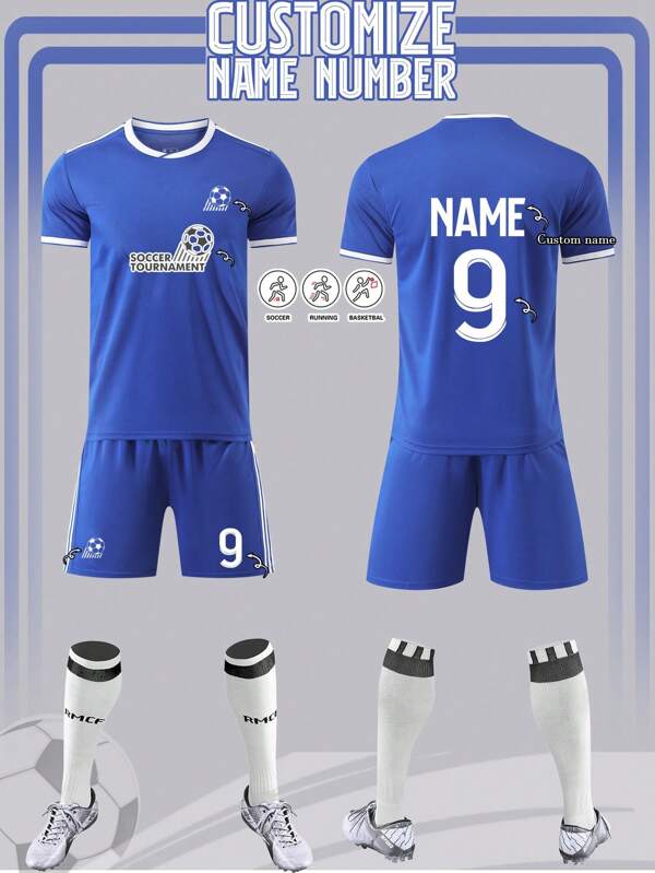 2pcs Personalized Football Jersey, Real Madrid Football Jersey, Men's Personalized Football Jersey, Men's Sports Suit, Sports Suit, Men's Running Suit, Summer Men's Suit, Men's T-Shirt Suit, Football Jersey, Personalized Football Jersey, Football Jersey With Number Printing, Suitable For Daily Wear, Football, Badminton, Basketball, Cycling