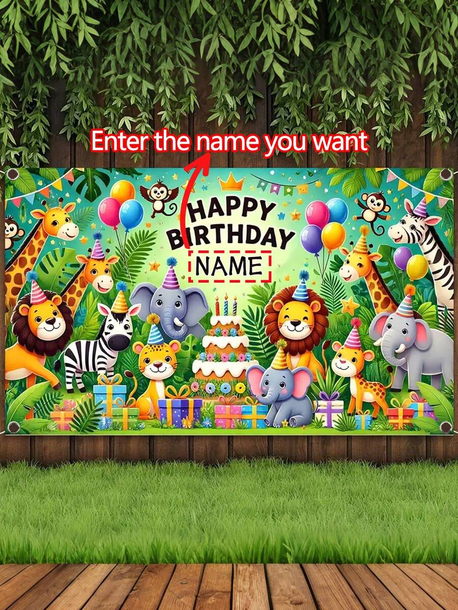 1件可定制彩色丛林主题个性化生日背景布 - 耐用乙烯基横幅，印有狮子、大象、长颈鹿、斑马和其他动物图案 - 非常适合室内/室外派对装饰和拍照道具，可悬挂作为丛林主题装饰，无需用电，提供3种尺寸，多功能，装饰性强，字母可定制，时尚现代，色彩鲜艳，可爱休闲，可定制，个性化，独特，是送给男士或女士的理想礼物