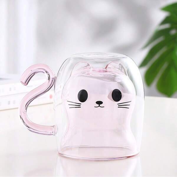 300 ml Mug mignon de chat, tasse à thé en verre à double paroi isolée avec anse - Chat rose/gris, convient pour les anniversaires et la Saint-Valentin