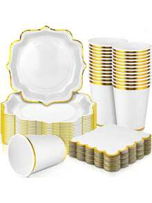 10/20/40pcs,White Scalloped Paper Plates,Cups And Napkins With Gold Border 9 Inch Disposable Plates ,7 Inch Disposable Plates And Napkins.Decorative Scalloped Plates Cake Paper Dessert Plates For Birthday Wedding Shower Party Supplies(White) - Multicolor - View 2
