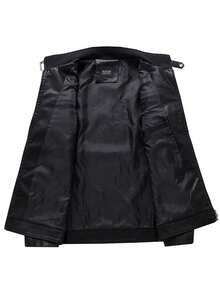 Motorcycle Style Leather Jacket For Men, Men's Stand Collar Zipper Jacket, High Quality PU Leather Material, Versatile Jacket For Spring And Autumn Fashion,Fleece,Winter - Black and White - View 8