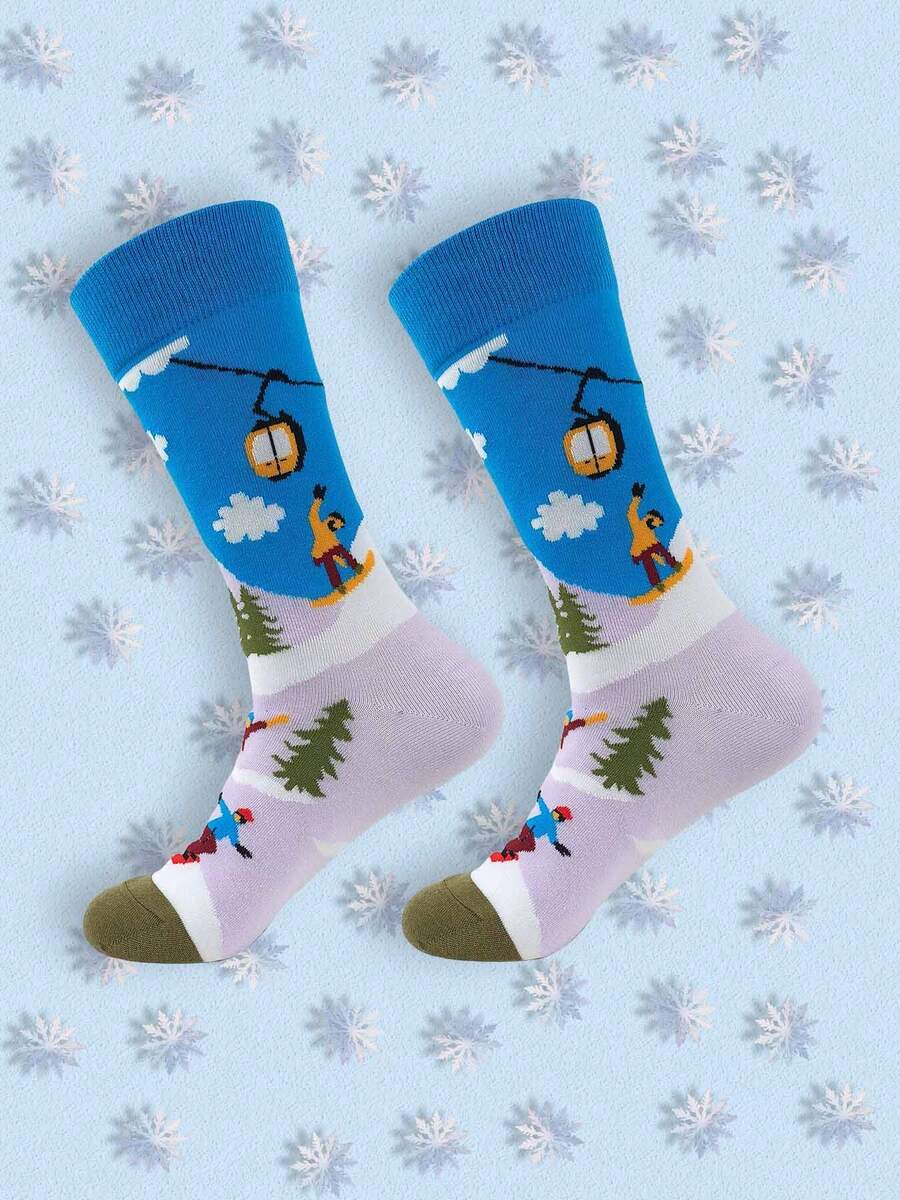 1 par de calcetines tipo tripulación con diseño lindo y divertido de esquí/snowboard para mujeres y hombres, cómodos para uso diario, deportes y fiestas en primavera, verano y otoño, un buen regalo para amigos, familia y parejas - Multicolor - Ver 1