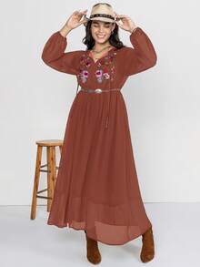 Rusttydustty Plus Size Floral Embroidery Casual Vacation Dress - Brownish Red - View 3