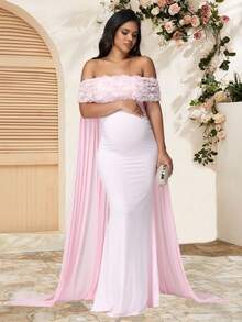JustVH Maternity Floral Off-Shoulder Dress For Baby Shower, Mesh Cloak Maxi Women Outfit Photoshoot Prop