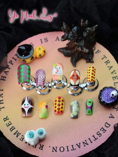 Maintain Your Nails Always Beautiful With 10pcs Square Shape Cute Hallowmas Colorful Ghost Funny Cute Full Cover Fake Nail Set Vanity Gradient Green Purple Orange Novelty Y2K All Saints' Day Full Coverage Acrylic Short False Nails Kit For Women And Girls Classic Hand Made Nails With 1pc Mini Nail File & 1 Sheet Adhesive Tabs
