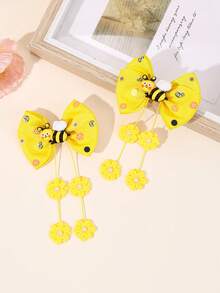 2 peças laços de cabelo com borlas de abelha fofos para meninas, laço de fita de gorgorão amarela com padrão de abelha, clipes de jacaré com borla de flor de pérola, adorável laço de abelha estampado, grampos de cabelo com borla de férias, presilhas de cabelo para adolescentes, acessórios de cabelo - Amarelo - Ver 7