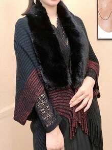 1件女款人造毛領披肩式和服外套，新款時尚保暖女用開襟披肩，高級針織披肩，波希米亞風柔軟披肩，雙色流蘇設計百搭外套，適合日常穿著 - 純色 - 查看 15