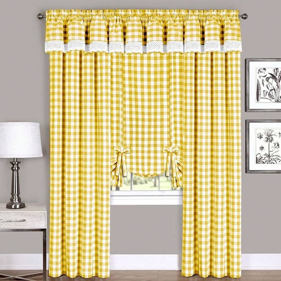 Achim Home Furnishings Buffalo - Cortina de Cuadros para Ventana, Par de bandejas, Blanco/Negro, Tier Pair 58 x 24, 1 - Amarillo y blanco - Ver 1