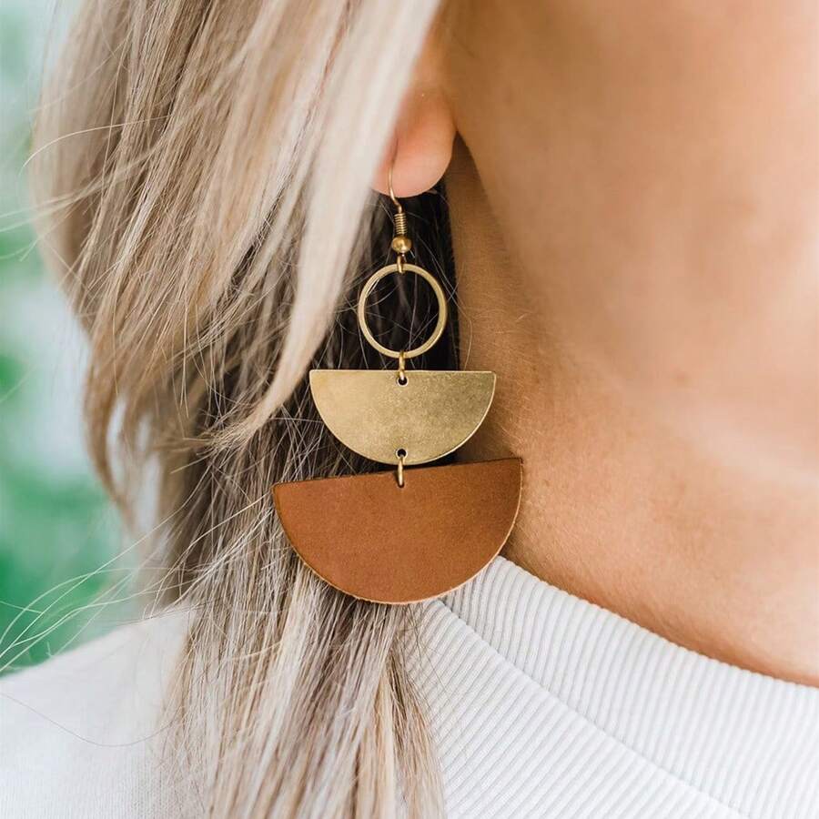 A Pair  Leather Metal Earrings, Stacked Half-Moon Geometric Round Double-Sided Design For Gift Exchange Women Dangle Earrings Daily Wear Party Office All Seasons Fashion Chic Accessories - 紅色 - 查看 1