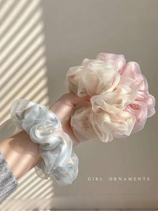 Conjunto de 3 scrunchies florais de malha requintada, acessórios de cabelo românticos estilo fada - acessório de cabelo elegante e delicado, adequado para mulheres e meninas.