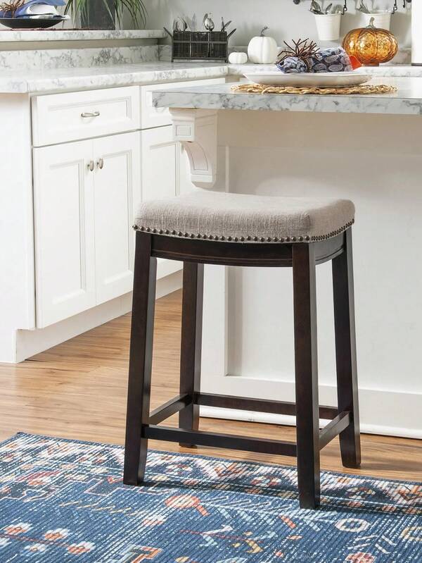 Beige Padded Linen-Weave Seat Counter Stool With Dark Walnut Brown Wood Frame - Rustic-Modern Style, 26.5"Eight, Sturdy With Footrail & Nailhead Trim, Ideal For Kitchen Island & Home Bar, 1 Piece